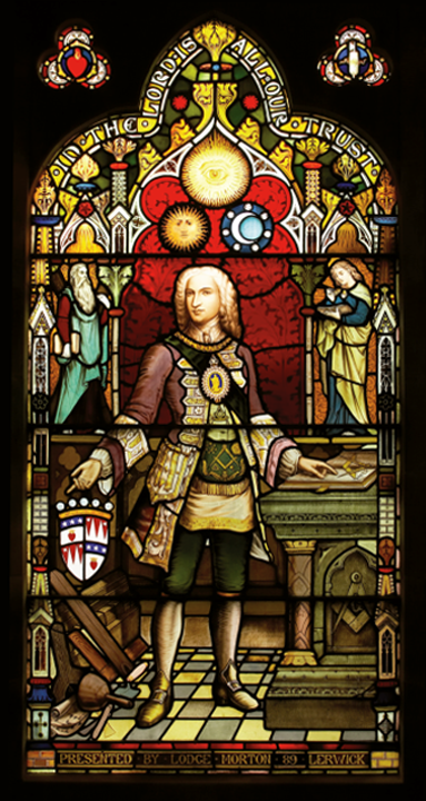 Stained glass window depicting Earl of Morton, Grand Master Mason of Scotland, delivering a lecture on Freemasonry.